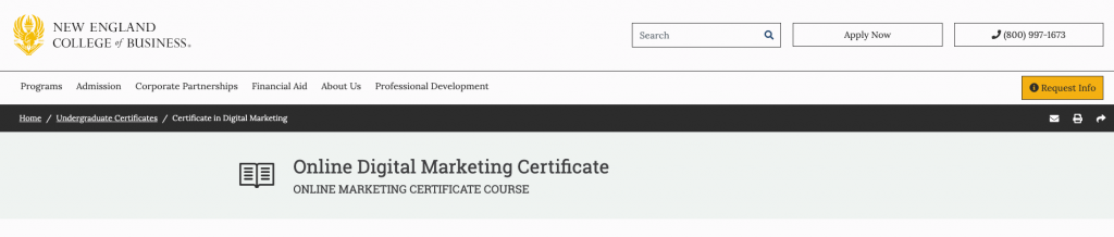 New England College of Business Online Digital Marketing Certificate landing page