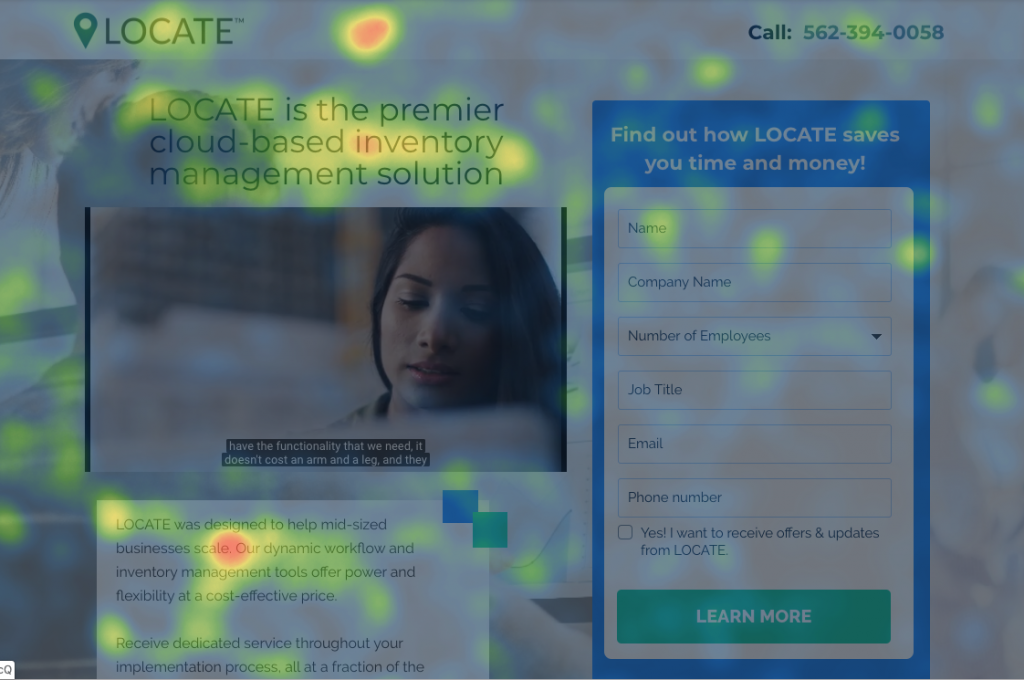 screenshot of a landing page with heat map data for ppc showing 