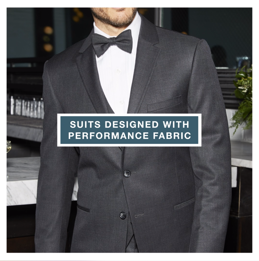advertising image saying suits designed with performance fabric