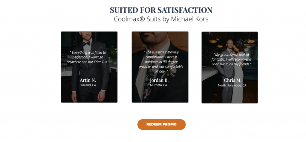 promotional landing page with testimonials for friar tux