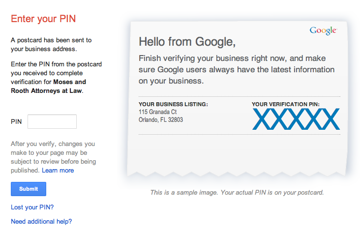 google my business verification postcard