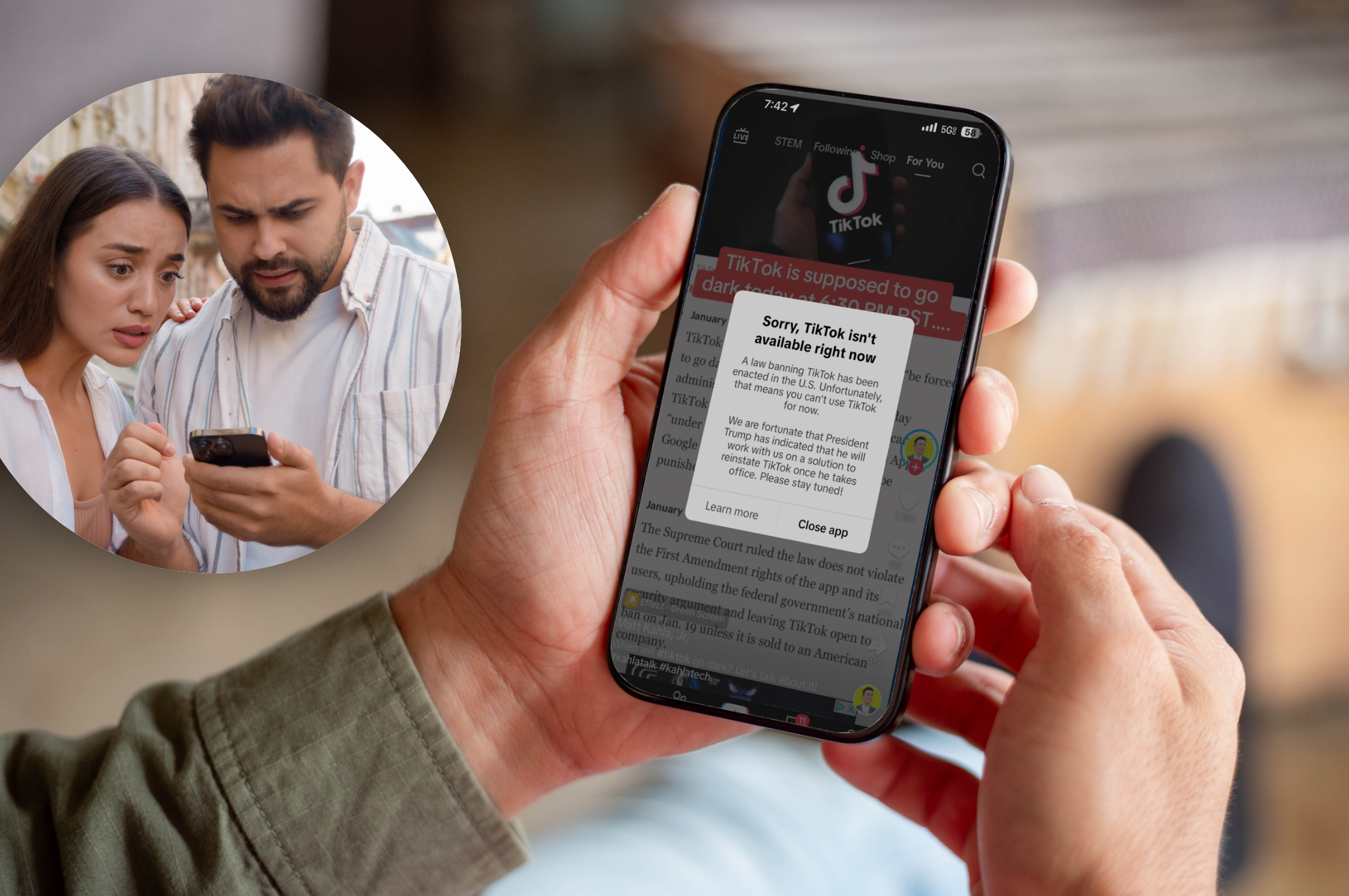 TikTok unavailable popup message on phone with 2 people looking confused.