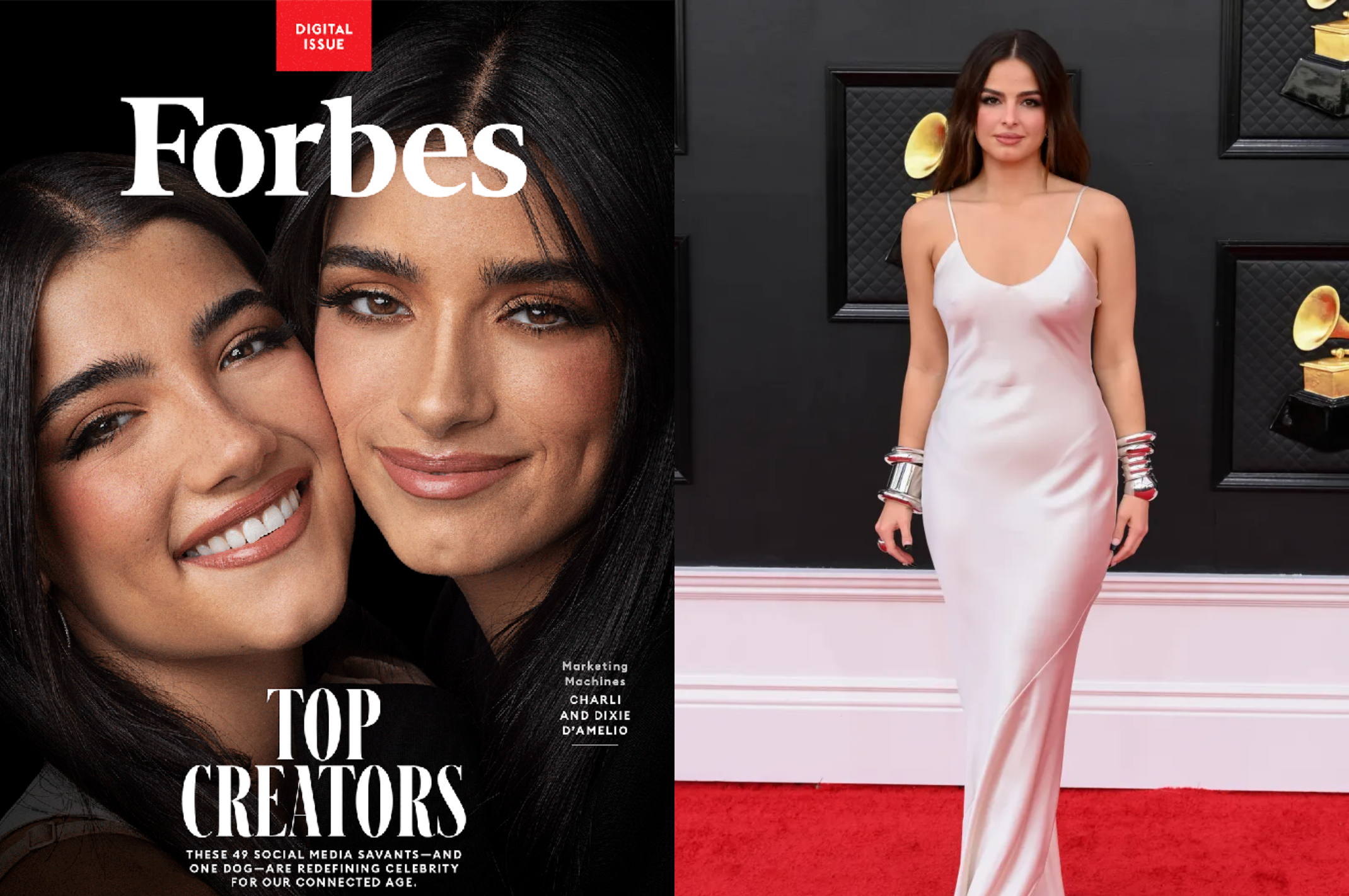 Charli D’Amelio and Dixe D'Amelio on the cover of Forbes Magazine for Top Creators and Addison Rae on the Red Carpet