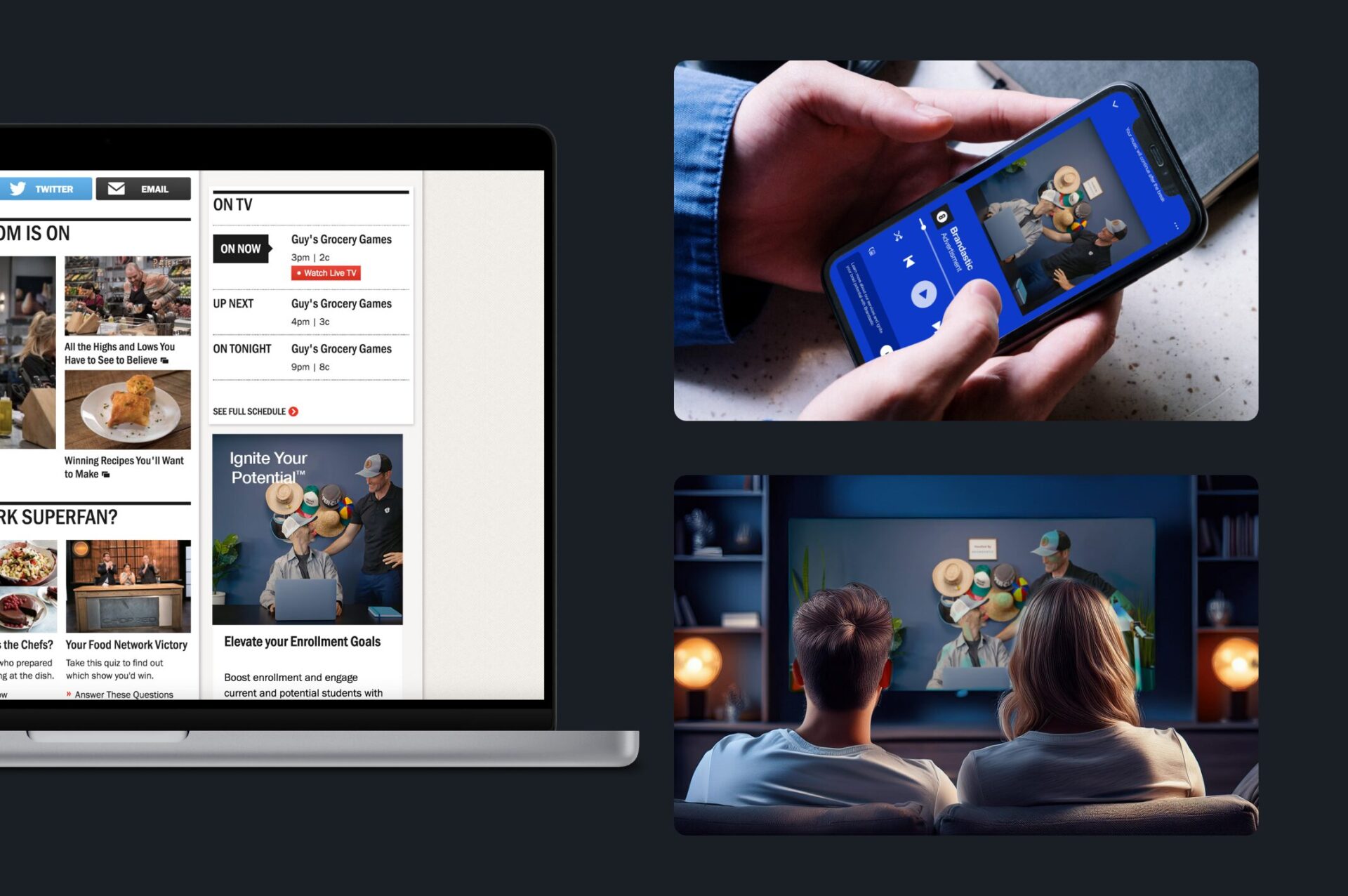 Brandastic programmatic ad videos showing up on a laptop, phone, and TV.