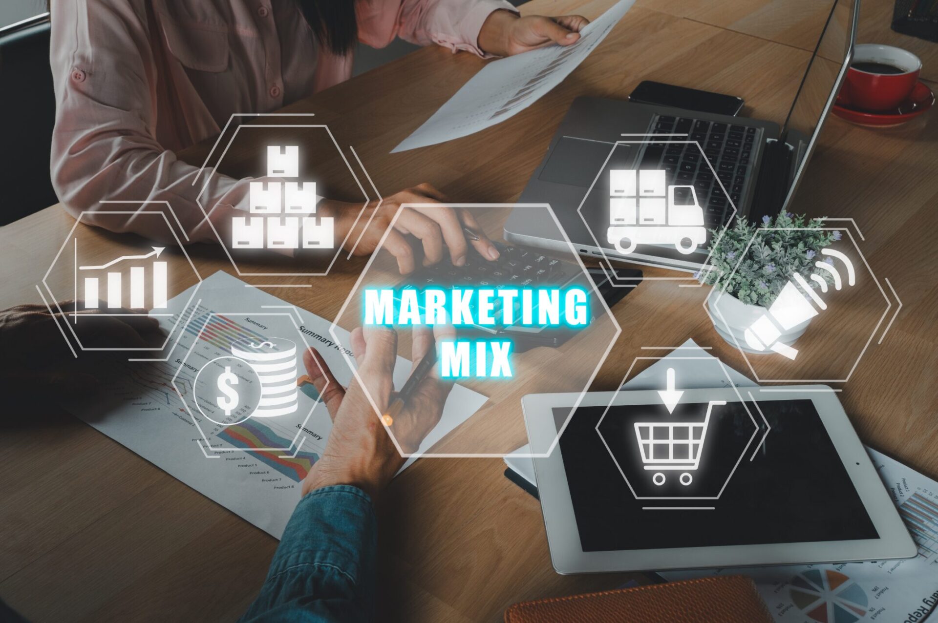 Visual icons of the marketing mix in a business.