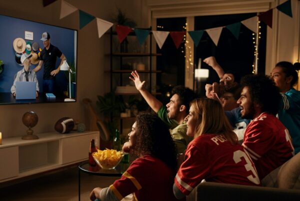 Group of friends having a get together for the Super Bowl and watching the Brandastic programmatic ad video
