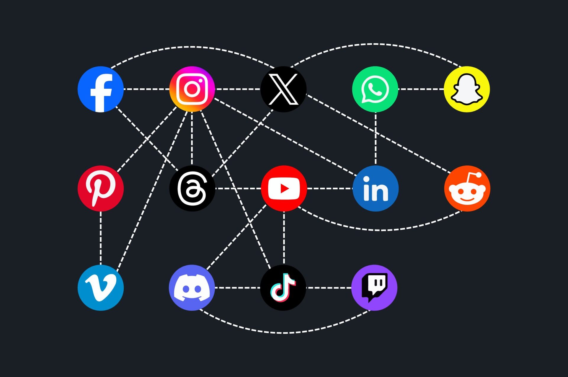 Social media icons interconnected with lines symbolizing content being shared across various platforms.