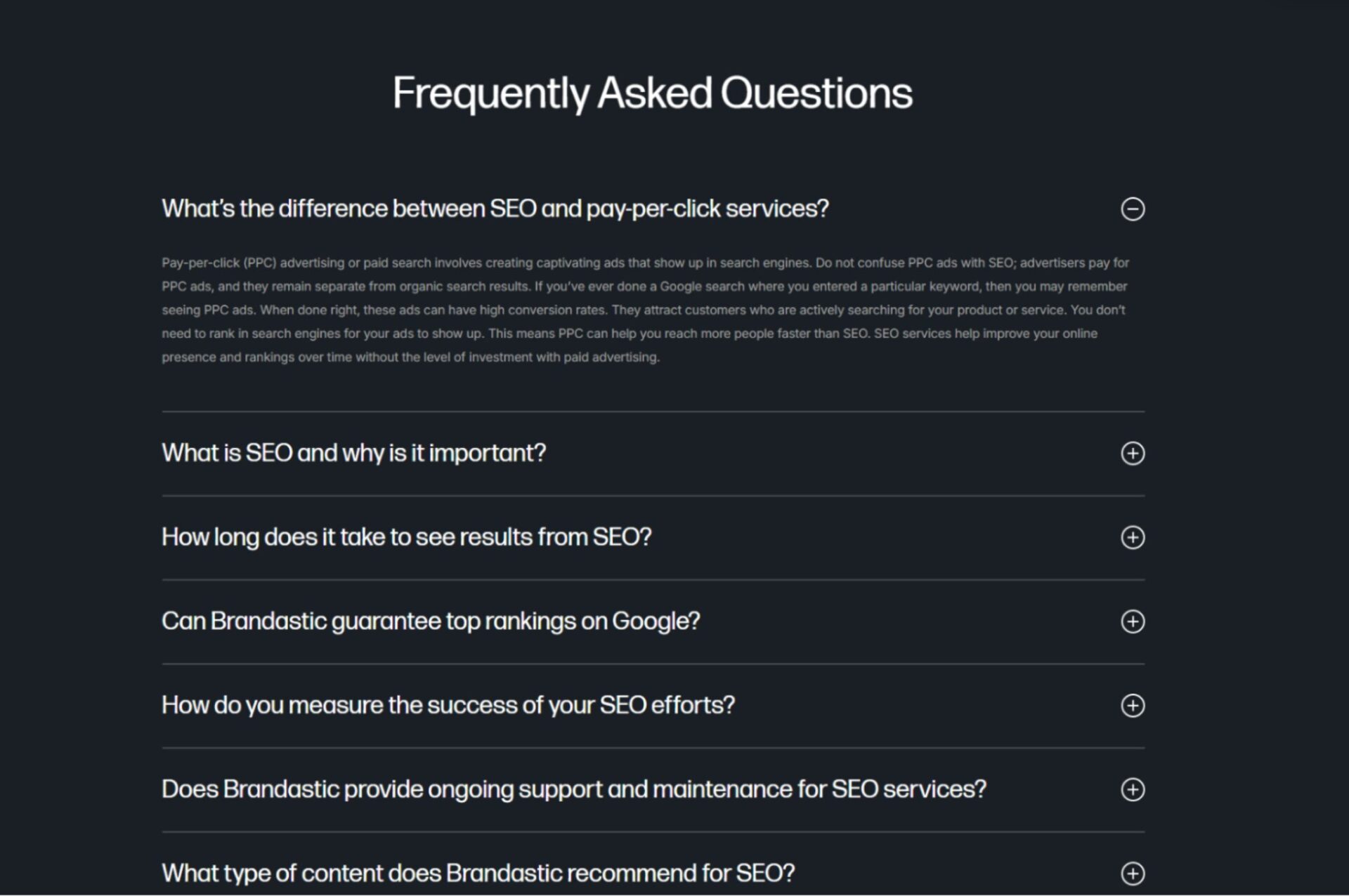Examples of frequently asked questions from Brandastic's website.
