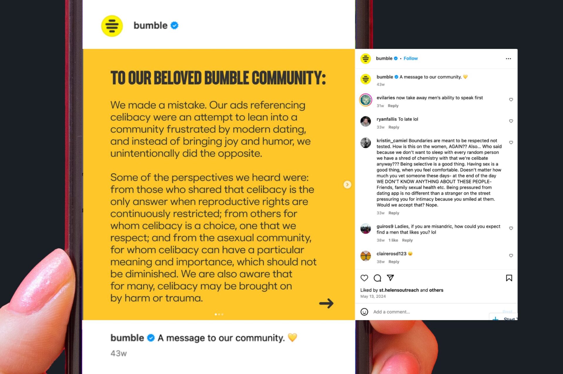 Screenshot of Bumble's apology on Instagram along with people's comments.