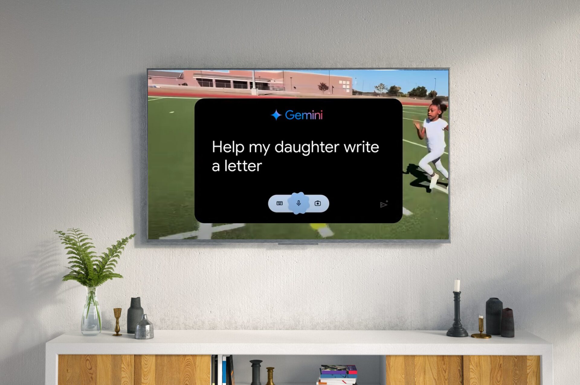 Google's "Dear Sydney" AI campaign being watched on the TV.