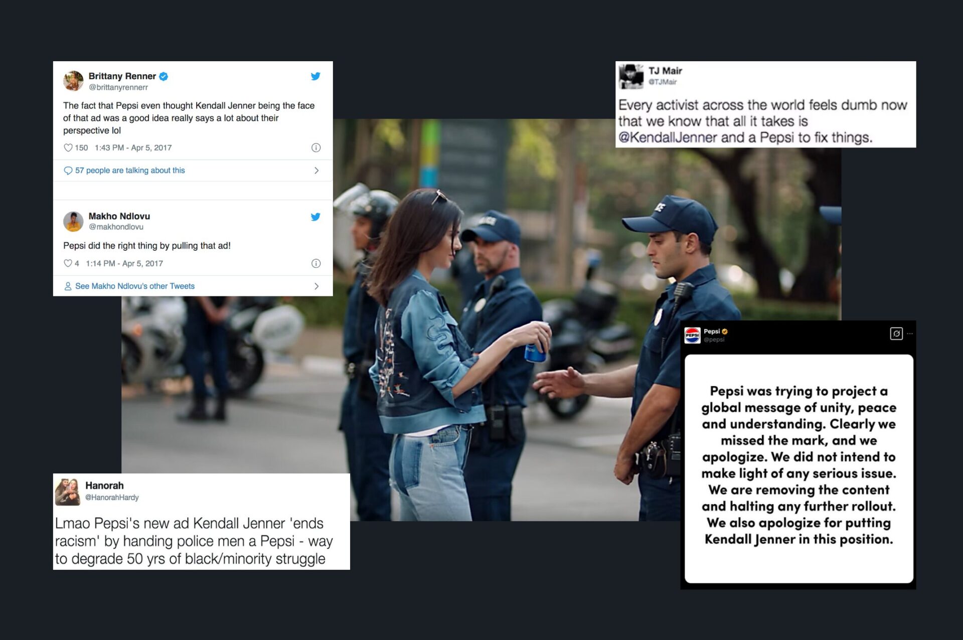 Image of Pepsi's ad with Kendall Jenner, their apology, and social comments.