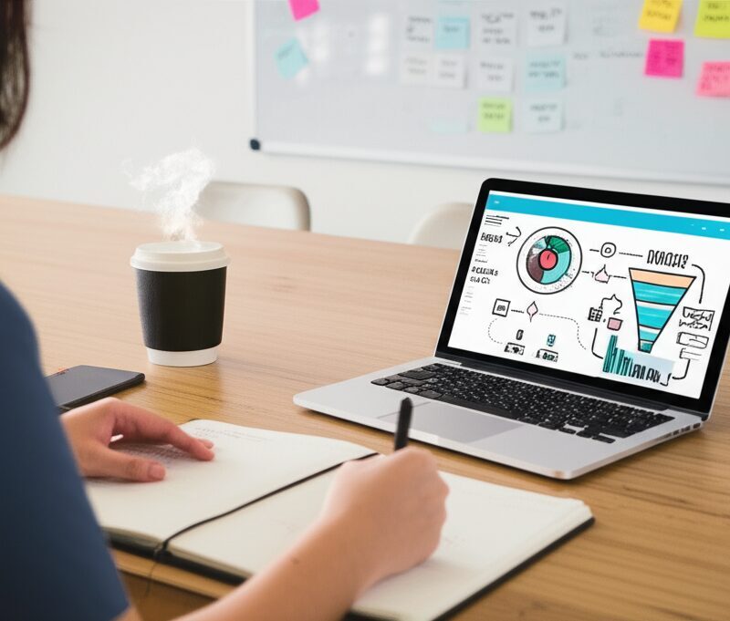 Small business owner developing marketing plan with analytics dashboard and strategy whiteboard