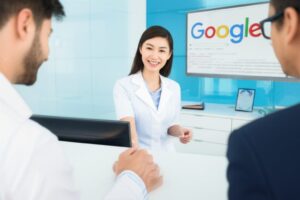 Modern dental practice reception showing digital marketing and SEO optimization elements