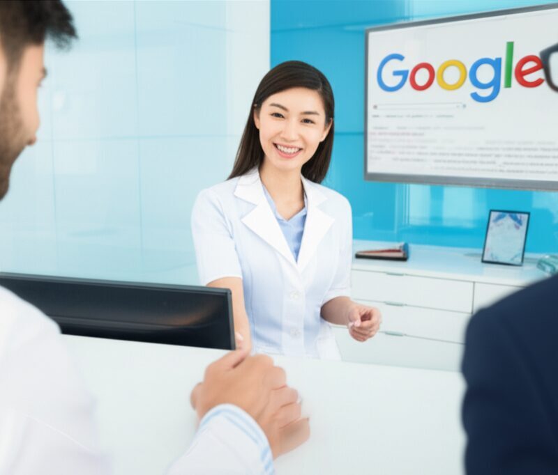 Modern dental practice reception showing digital marketing and SEO optimization elements