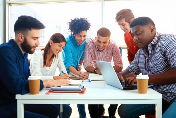 College students collaborating on content marketing strategy in a modern university library