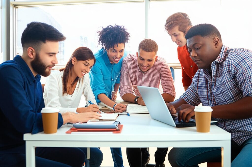 College students collaborating on content marketing strategy in a modern university library