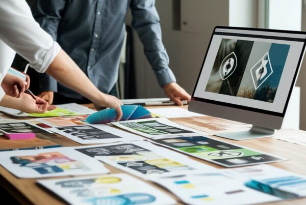 Creative design team reviewing brand identity refresh mockups and color palettes in modern studio