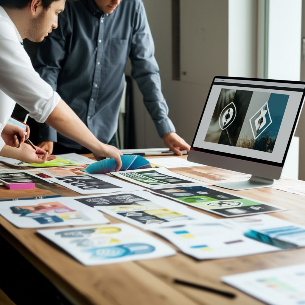 Creative design team reviewing brand identity refresh mockups and color palettes in modern studio