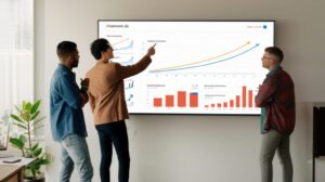 Marketing team reviewing social media campaign revenue metrics on large screen