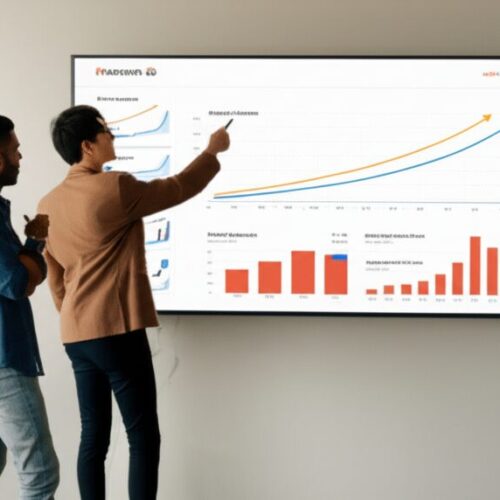 Marketing team reviewing social media campaign revenue metrics on large screen