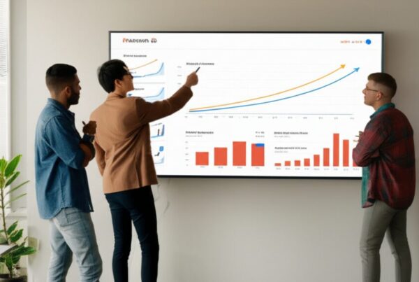 Marketing team reviewing social media campaign revenue metrics on large screen