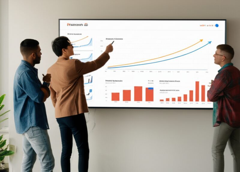 Marketing team reviewing social media campaign revenue metrics on large screen