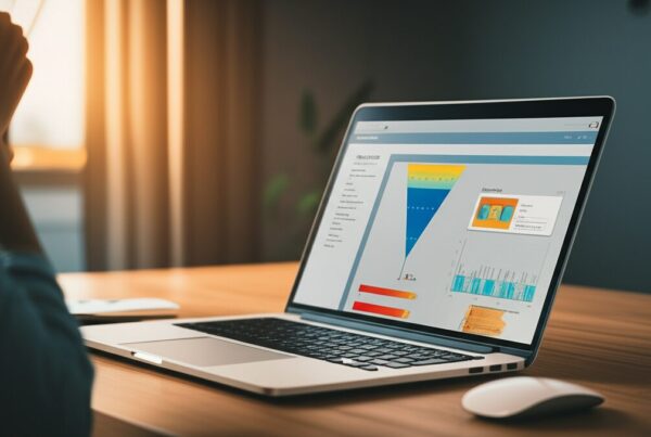 UX designer analyzing website conversion funnel data and heatmaps on laptop