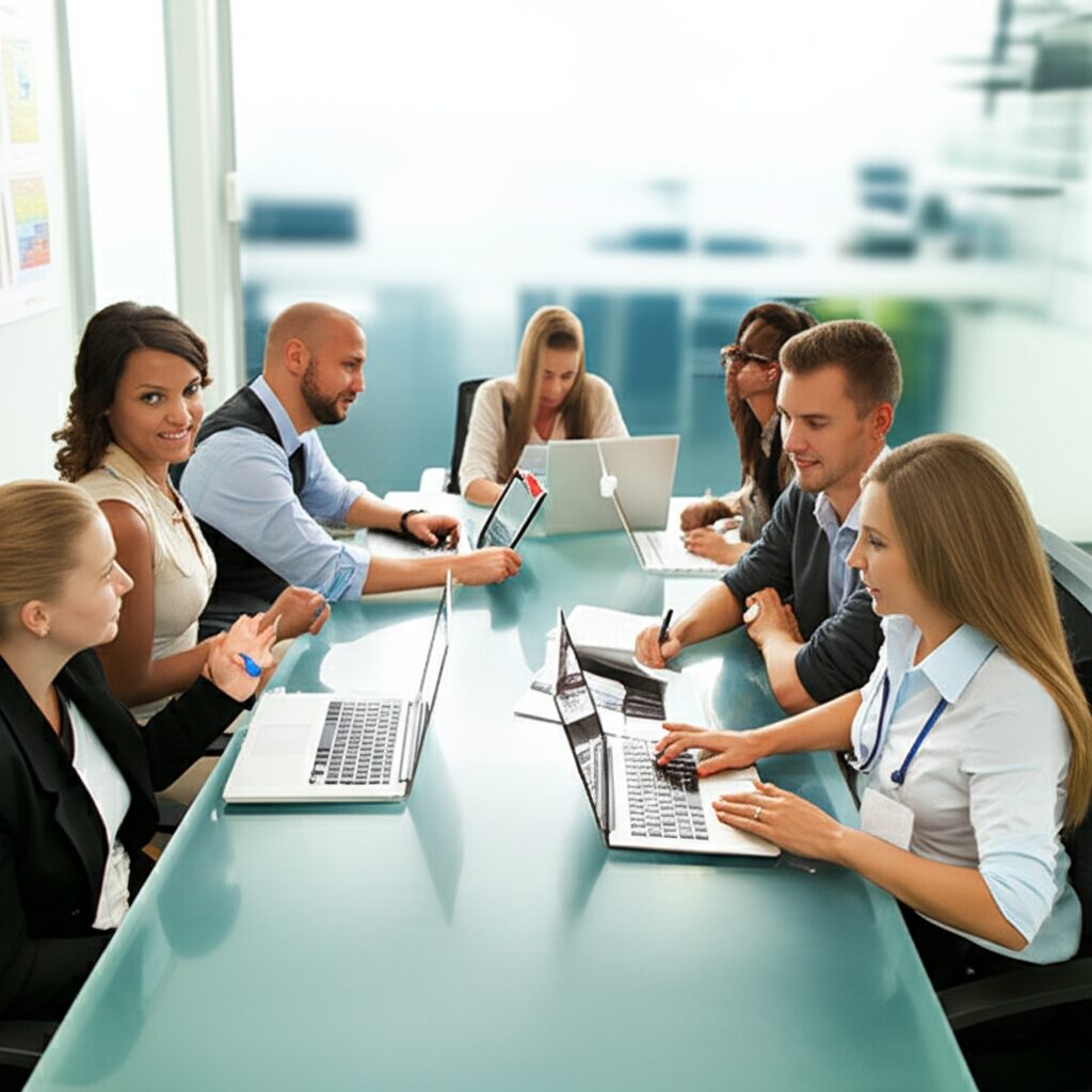 Healthcare marketing team meeting discussing PPC strategy in modern office